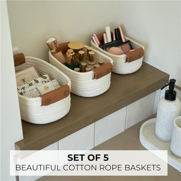 Set of 5 Cotton Rope Storage Baskets for Nursery Closet Bathroom Shelves Bin - Picture 6 of 8